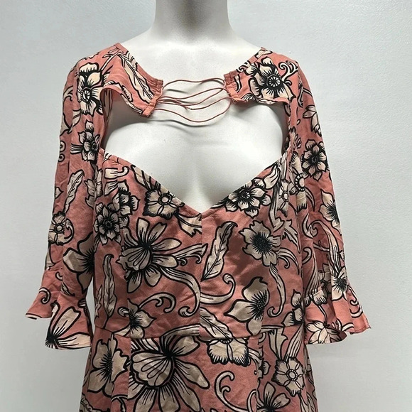 For Love And Lemons Ayla Mini Dress Lace Up V-Neck Floral Pink Black Size Large - Picture 4 of 12